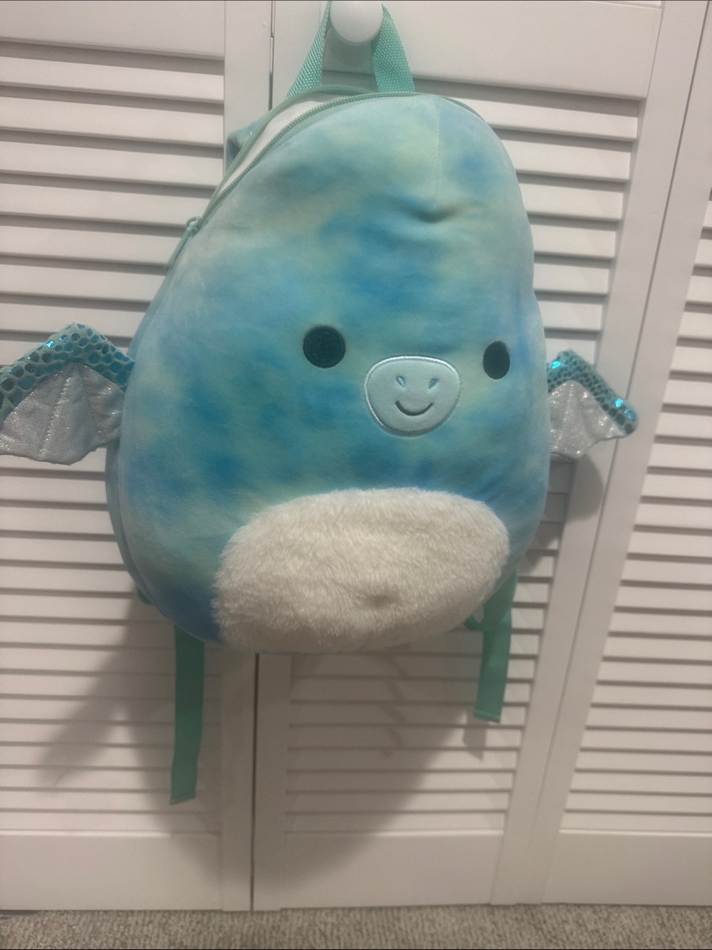 Squishmallows Blue Teal Plush Kids Backpack with White Belly and Sparkle Wings